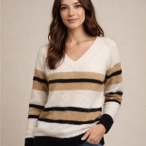 Source Unknown Striped V-Neck Sweater - White, Tan, Black